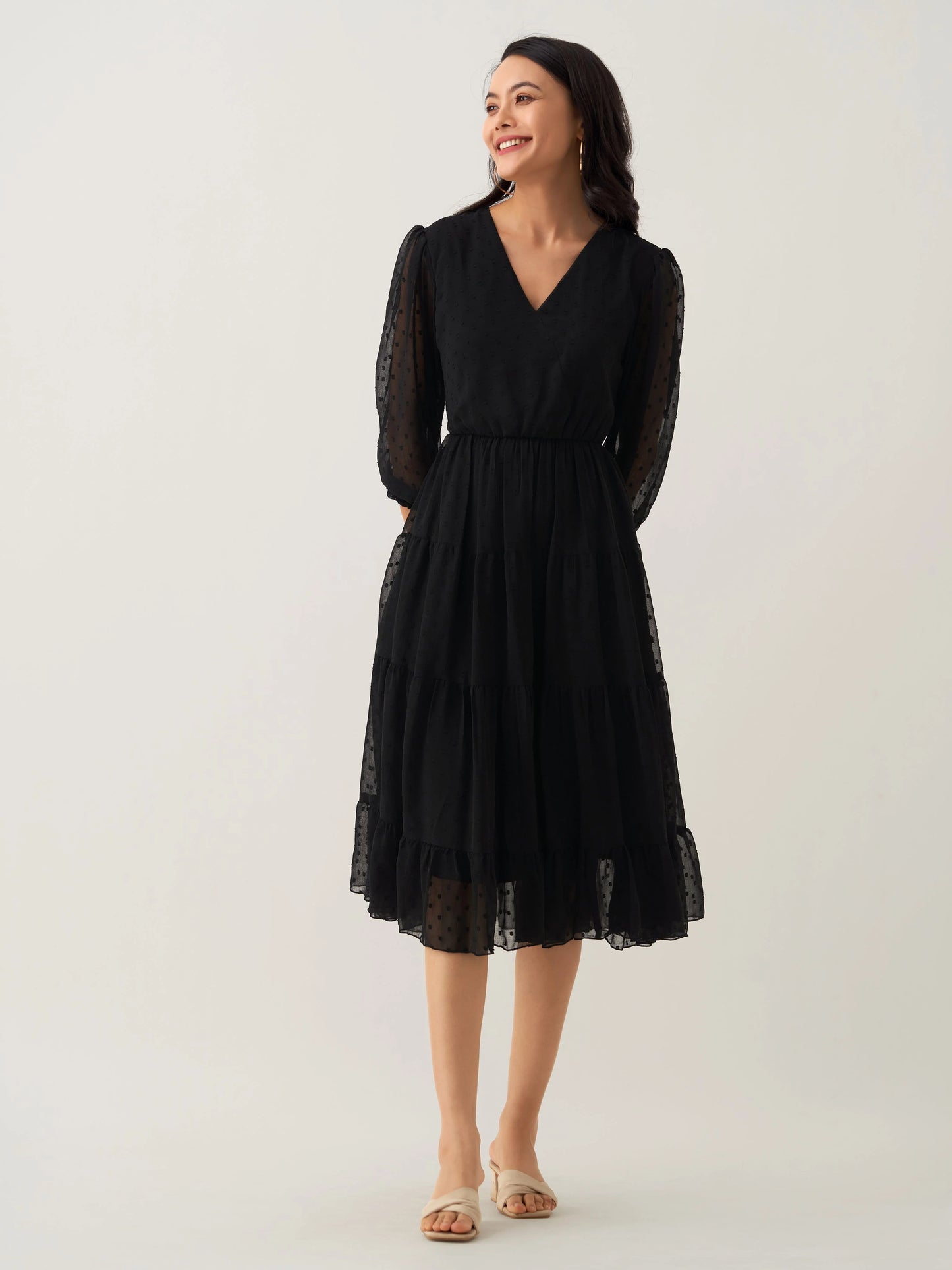 Women Polyster Plain & Solid Beige Color Dress