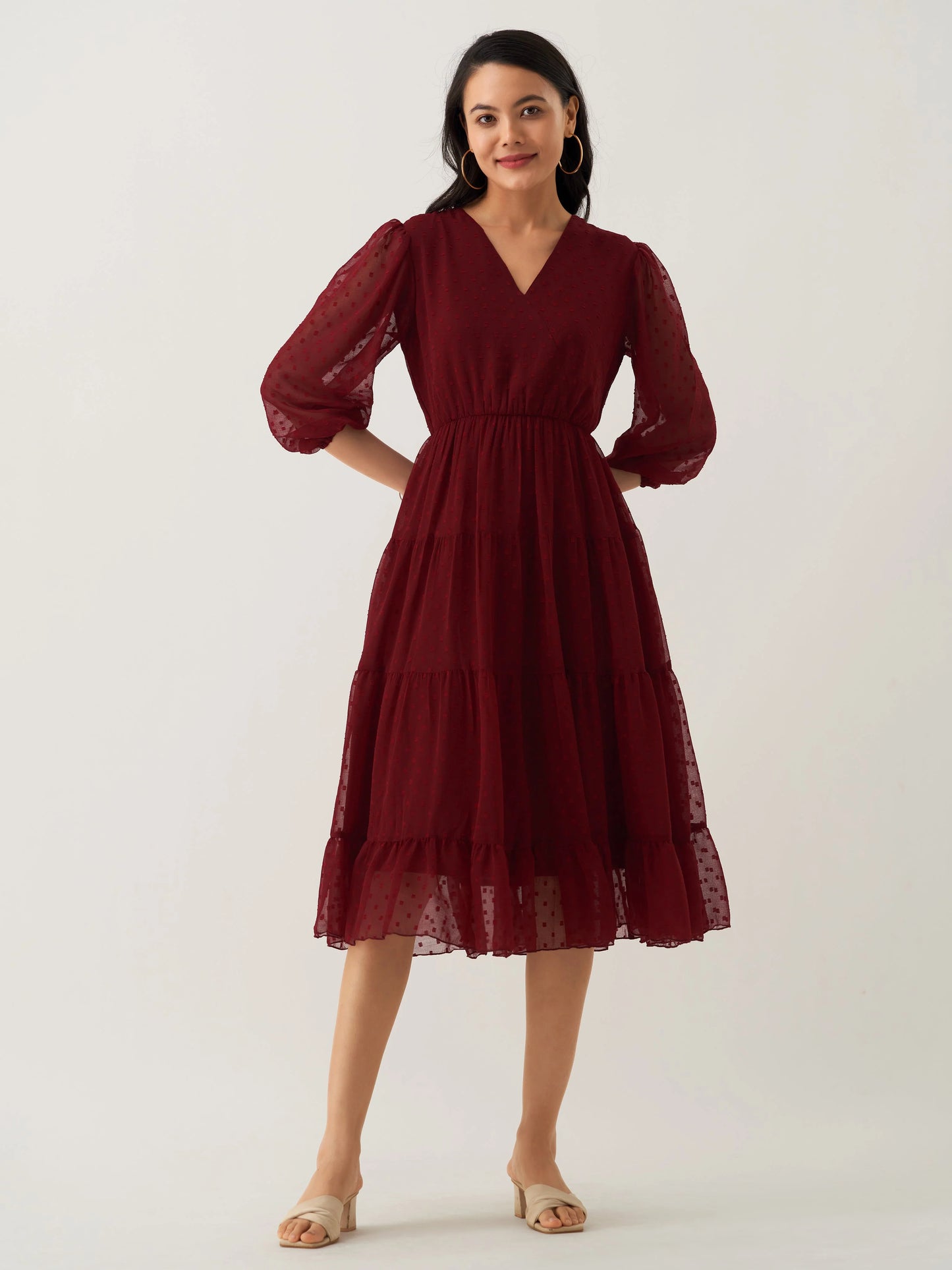Women Polyster Plain & Solid Beige Color Dress