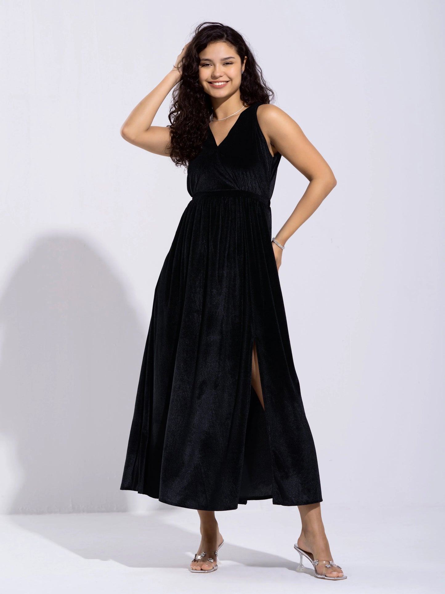 Women Solid PlainV Neck Half Sleeves Dress For women
