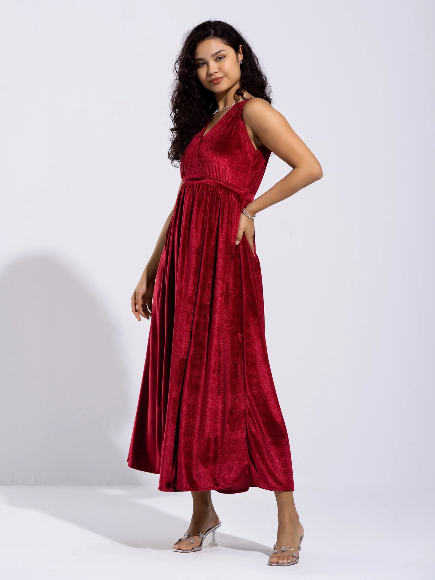 Women Solid PlainV Neck Half Sleeves Dress For women