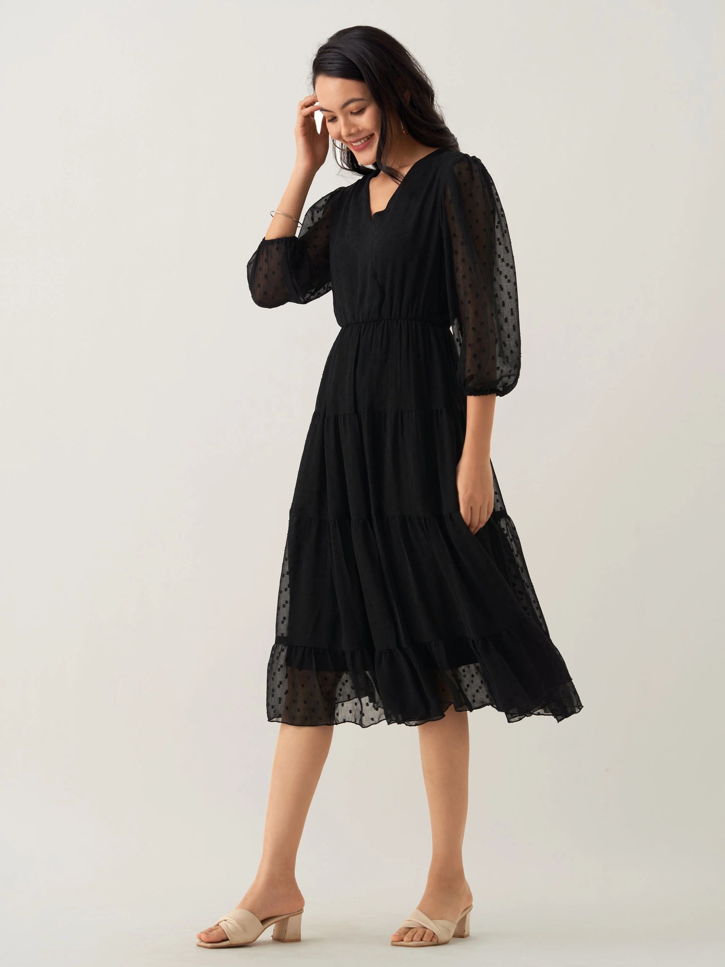 Women Polyster Plain & Solid Beige Color Dress