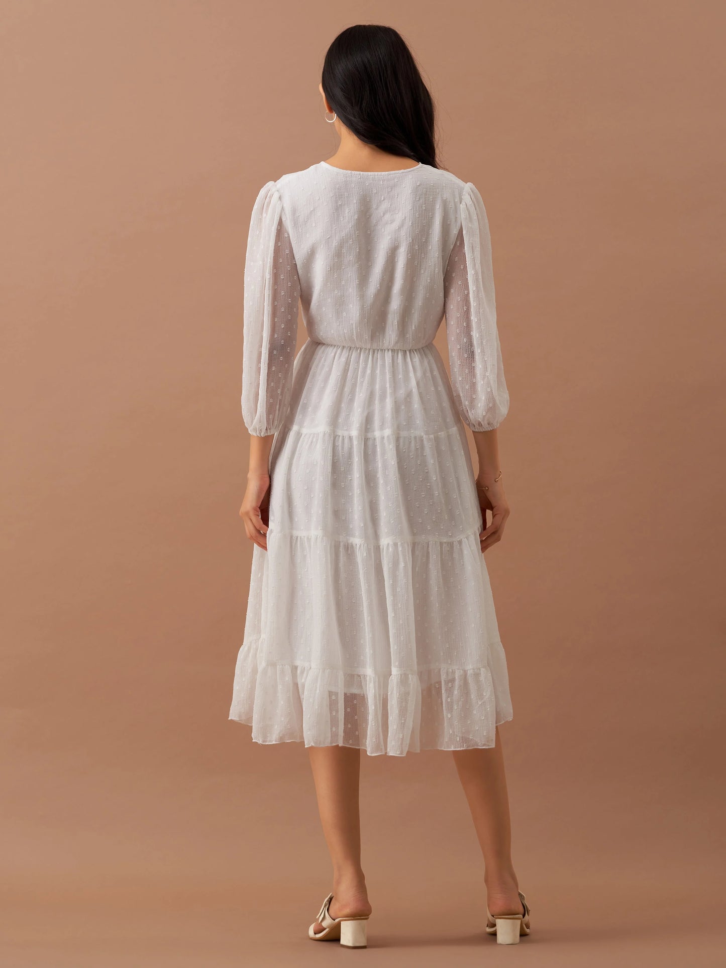 Women Polyster Plain & Solid Beige Color Dress