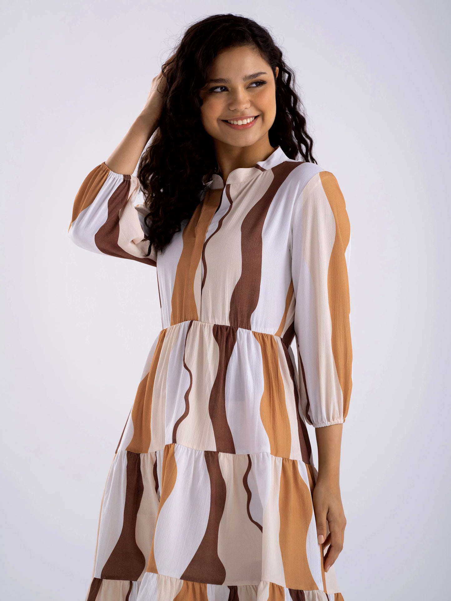 Women Diamond Creap Striped Printed Mandarin Collar Fit & Flare Multi Color Dresss