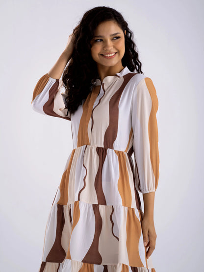 Women Diamond Creap Striped Printed Mandarin Collar Fit & Flare Multi Color Dresss