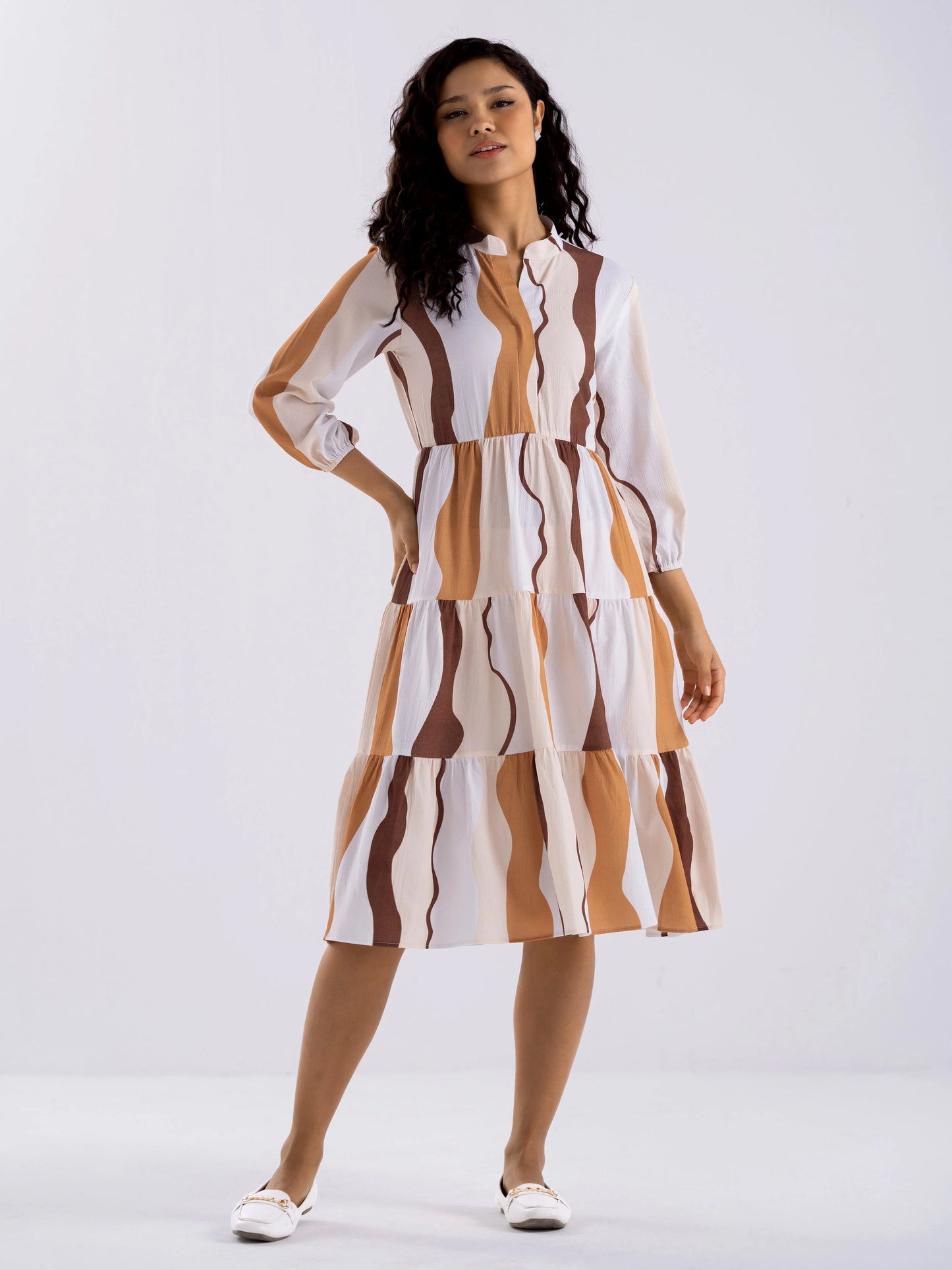 Women Diamond Creap Striped Printed Mandarin Collar Fit & Flare Multi Color Dresss