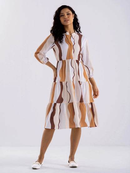 Women Diamond Creap Striped Printed Mandarin Collar Fit & Flare Multi Color Dresss