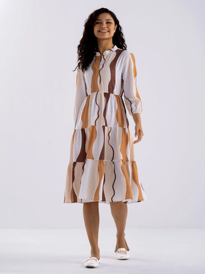 Women Diamond Creap Striped Printed Mandarin Collar Fit & Flare Multi Color Dresss