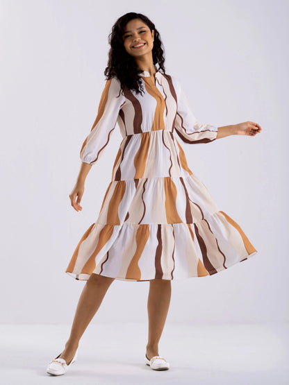 Women Diamond Creap Striped Printed Mandarin Collar Fit & Flare Multi Color Dresss