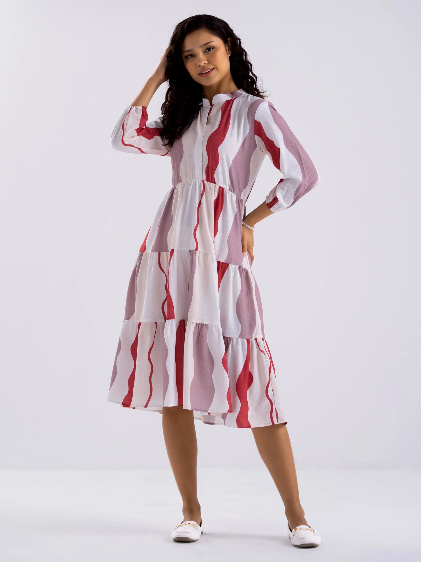 Women Diamond Creap Striped Printed Mandarin Collar Fit & Flare Multi Color Dresss