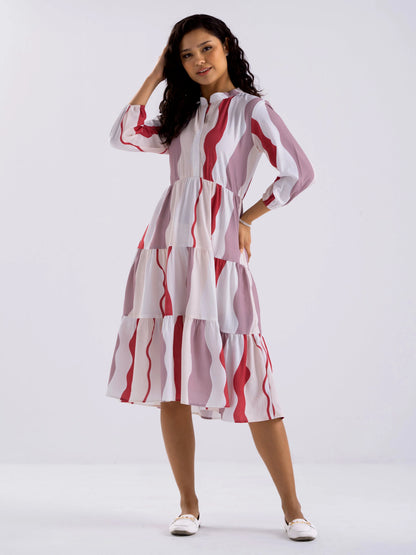 Women Diamond Creap Striped Printed Mandarin Collar Fit & Flare Multi Color Dresss
