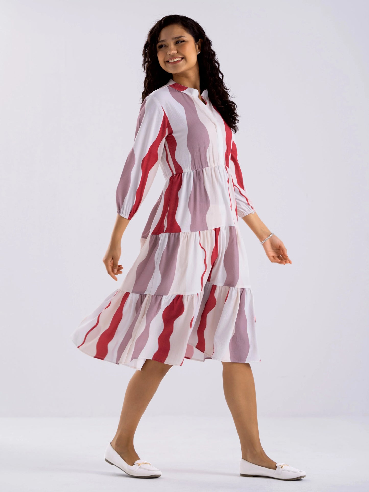 Women Diamond Creap Striped Printed Mandarin Collar Fit & Flare Multi Color Dresss