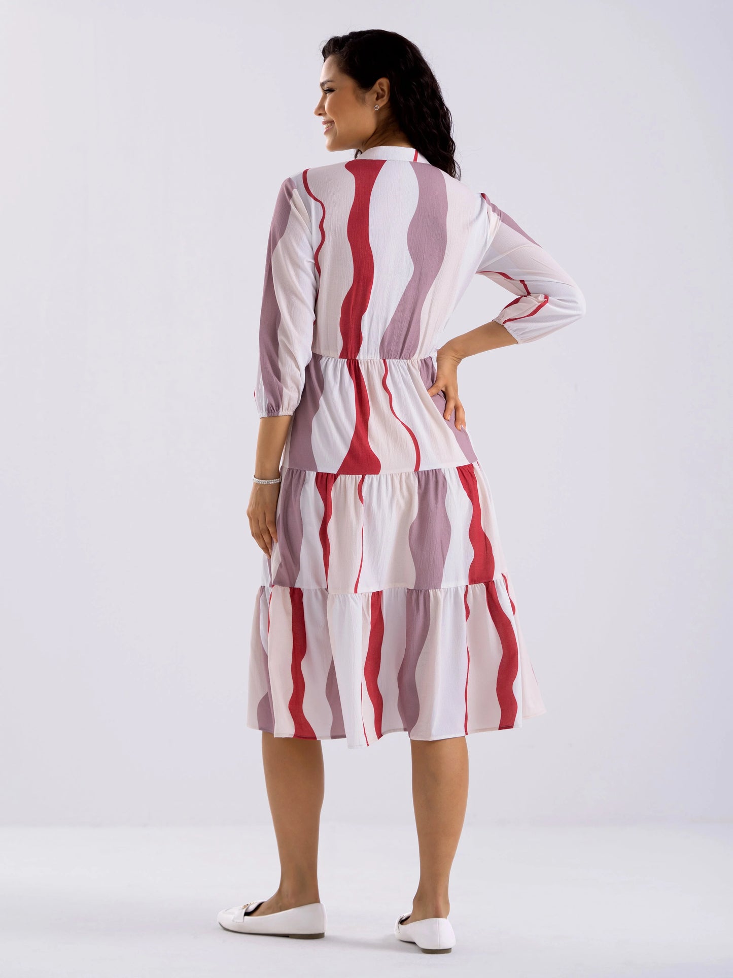 Women Diamond Creap Striped Printed Mandarin Collar Fit & Flare Multi Color Dresss