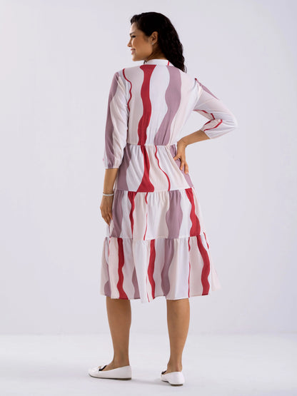 Women Diamond Creap Striped Printed Mandarin Collar Fit & Flare Multi Color Dresss
