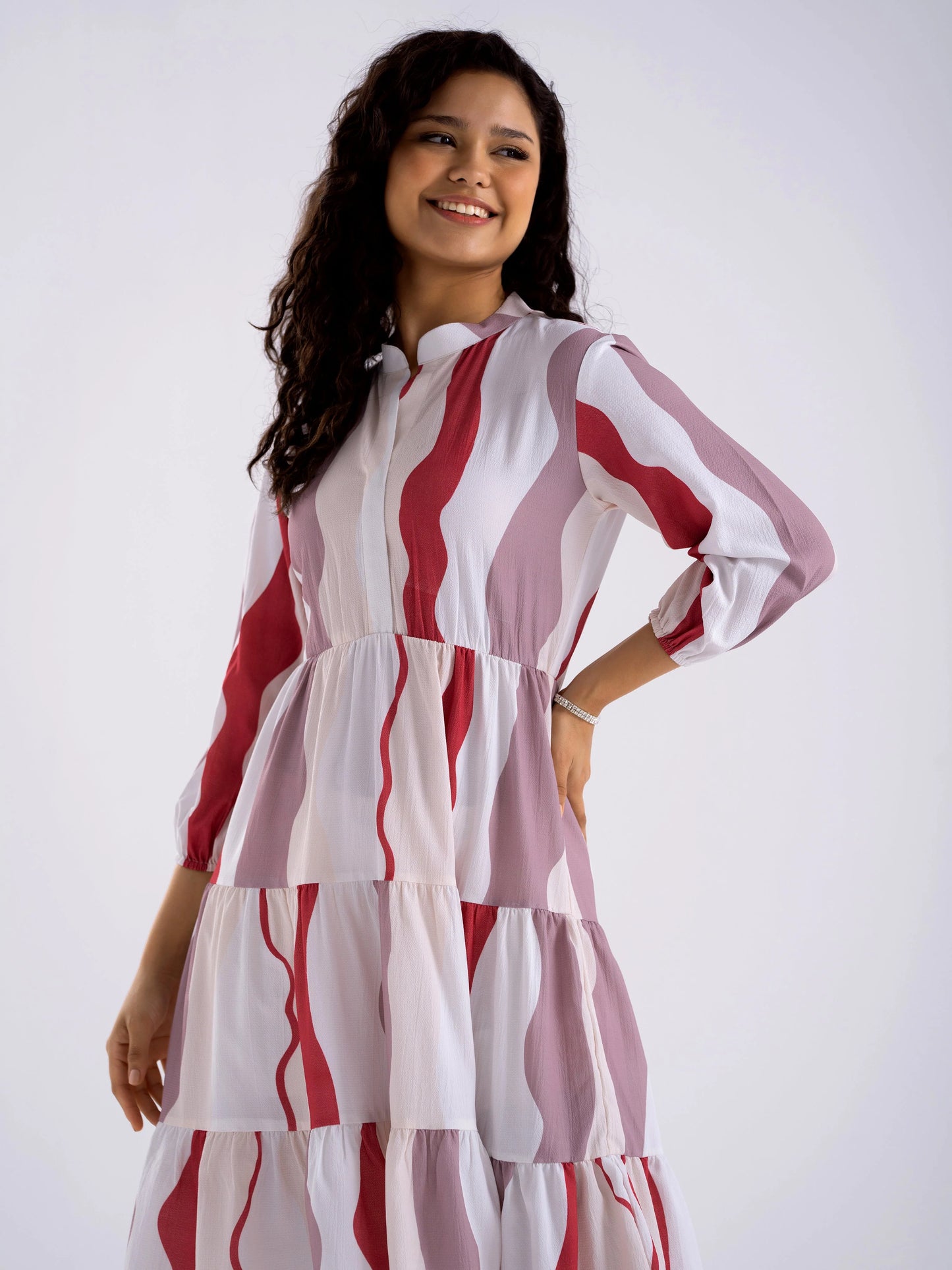 Women Diamond Creap Striped Printed Mandarin Collar Fit & Flare Multi Color Dresss