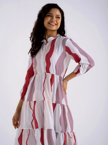 Women Diamond Creap Striped Printed Mandarin Collar Fit & Flare Multi Color Dresss