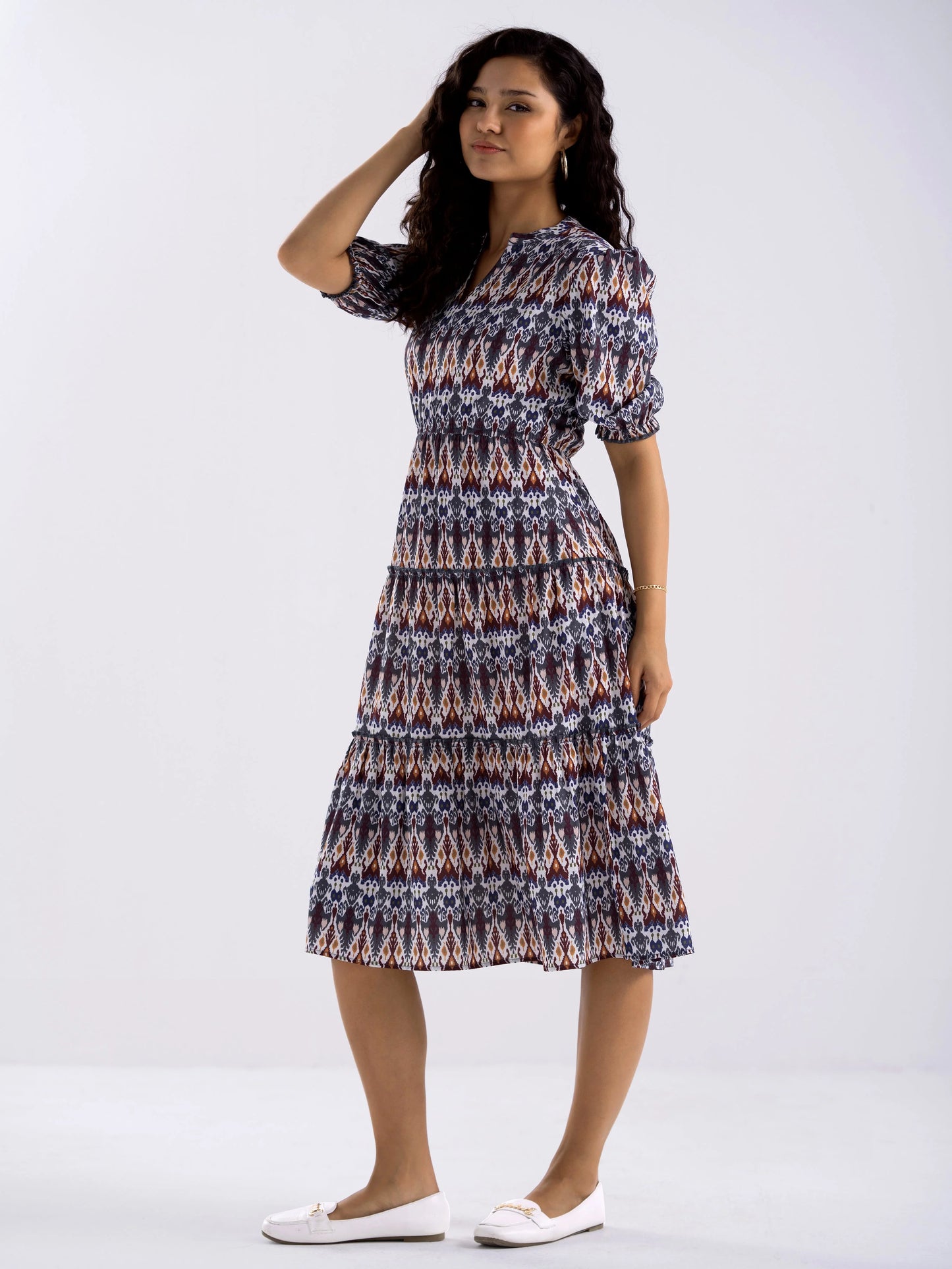 Women Diamond Creap Absract Print Mandarin Collar Fit & Flare Multi Color Dresss