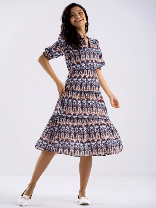 Women Diamond Creap Absract Print Mandarin Collar Fit & Flare Multi Color Dresss