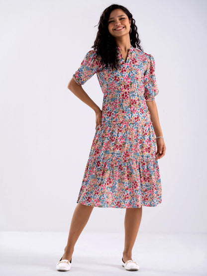 Women Diamond Creap Floral Printed Mandarin Collar Fit & Flare Peach Color Dresss Sale price