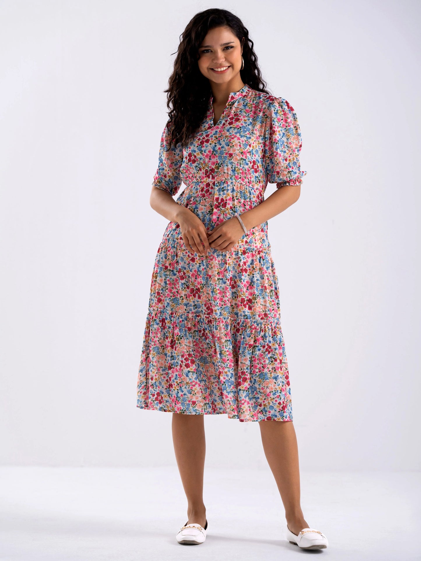 Women Diamond Creap Floral Printed Mandarin Collar Fit & Flare Peach Color Dresss Sale price