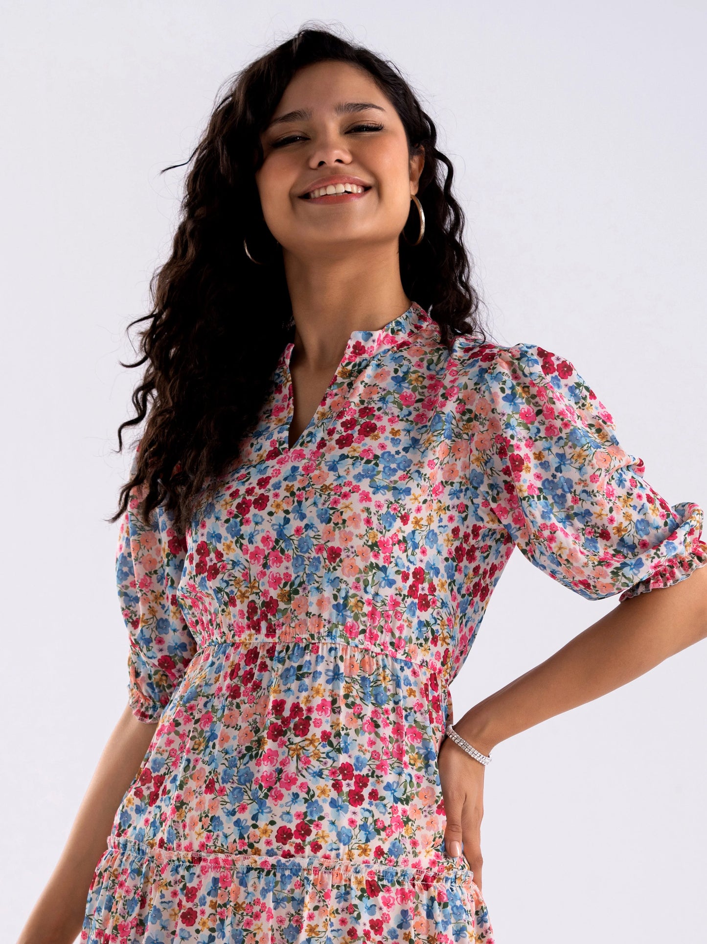 Women Diamond Creap Floral Printed Mandarin Collar Fit & Flare Peach Color Dresss Sale price