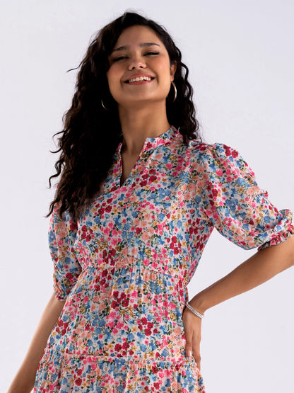 Women Diamond Creap Floral Printed Mandarin Collar Fit & Flare Peach Color Dresss Sale price