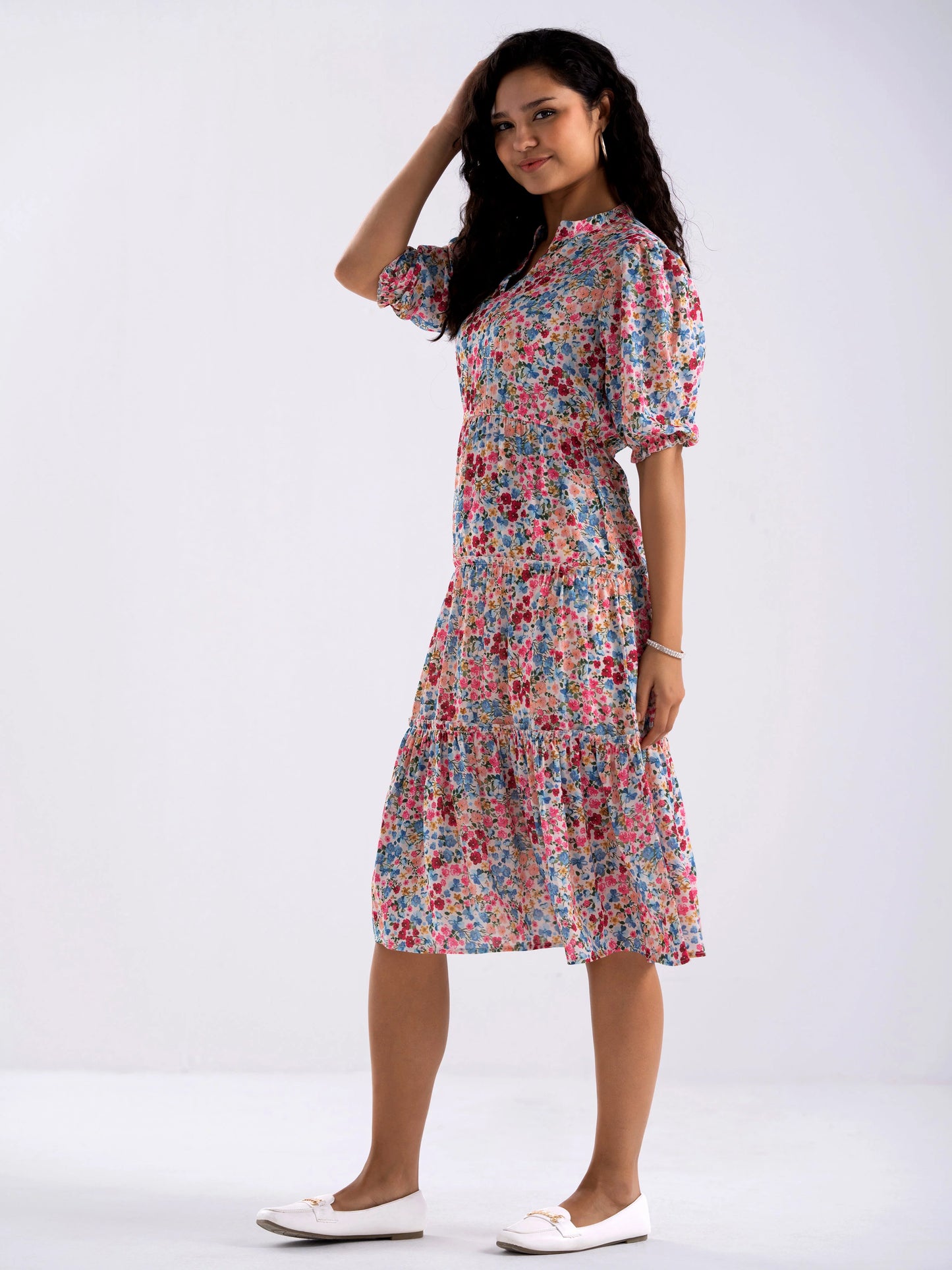 Women Diamond Creap Floral Printed Mandarin Collar Fit & Flare Peach Color Dresss Sale price