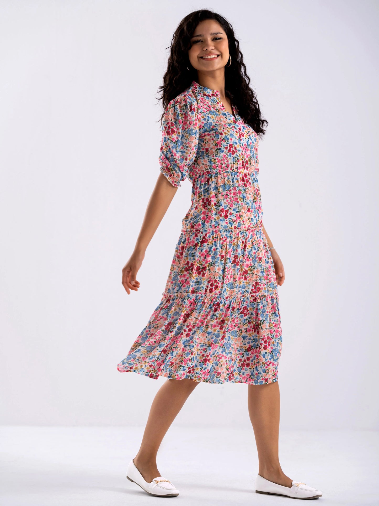 Women Diamond Creap Floral Printed Mandarin Collar Fit & Flare Peach Color Dresss Sale price