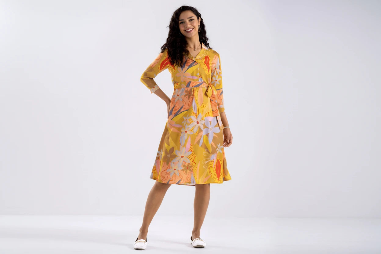 Summer Diamond Creap Floral Printed Coller Neck Fit & Flare Yellow Color Dresss