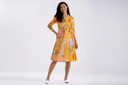 Summer Diamond Creap Floral Printed Coller Neck Fit & Flare Yellow Color Dresss