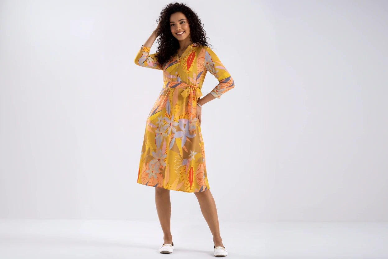 Summer Diamond Creap Floral Printed Coller Neck Fit & Flare Yellow Color Dresss