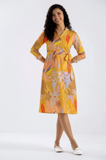 Summer Diamond Creap Floral Printed Coller Neck Fit & Flare Yellow Color Dresss