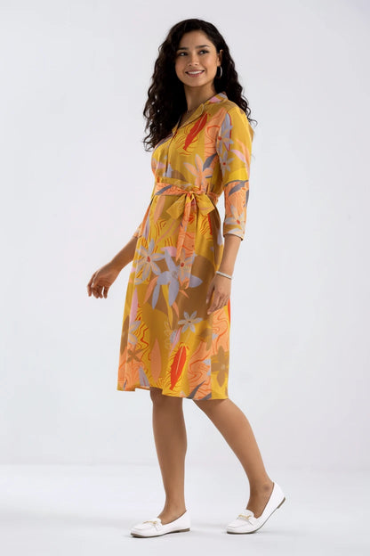 Summer Diamond Creap Floral Printed Coller Neck Fit & Flare Yellow Color Dresss