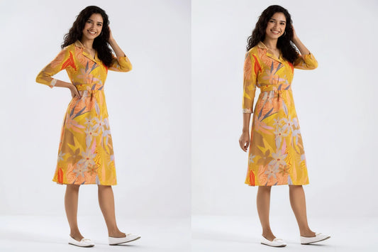 Summer Diamond Creap Floral Printed Coller Neck Fit & Flare Yellow Color Dresss