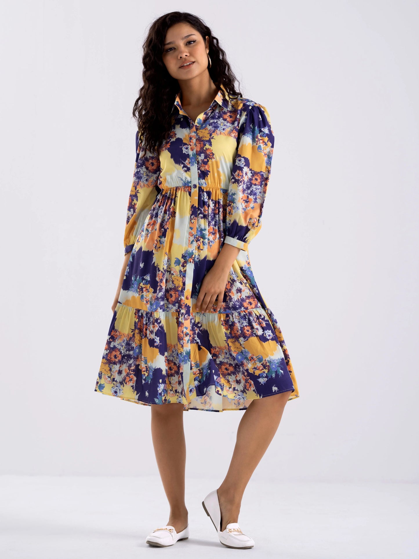 Women Diamond Creap Floral Printed Coller Neck Fit & Flare Multi Color Dresss