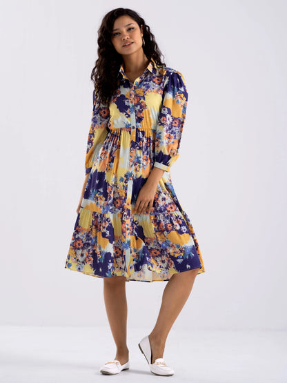Women Diamond Creap Floral Printed Coller Neck Fit & Flare Multi Color Dresss
