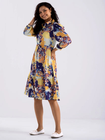 Women Diamond Creap Floral Printed Coller Neck Fit & Flare Multi Color Dresss