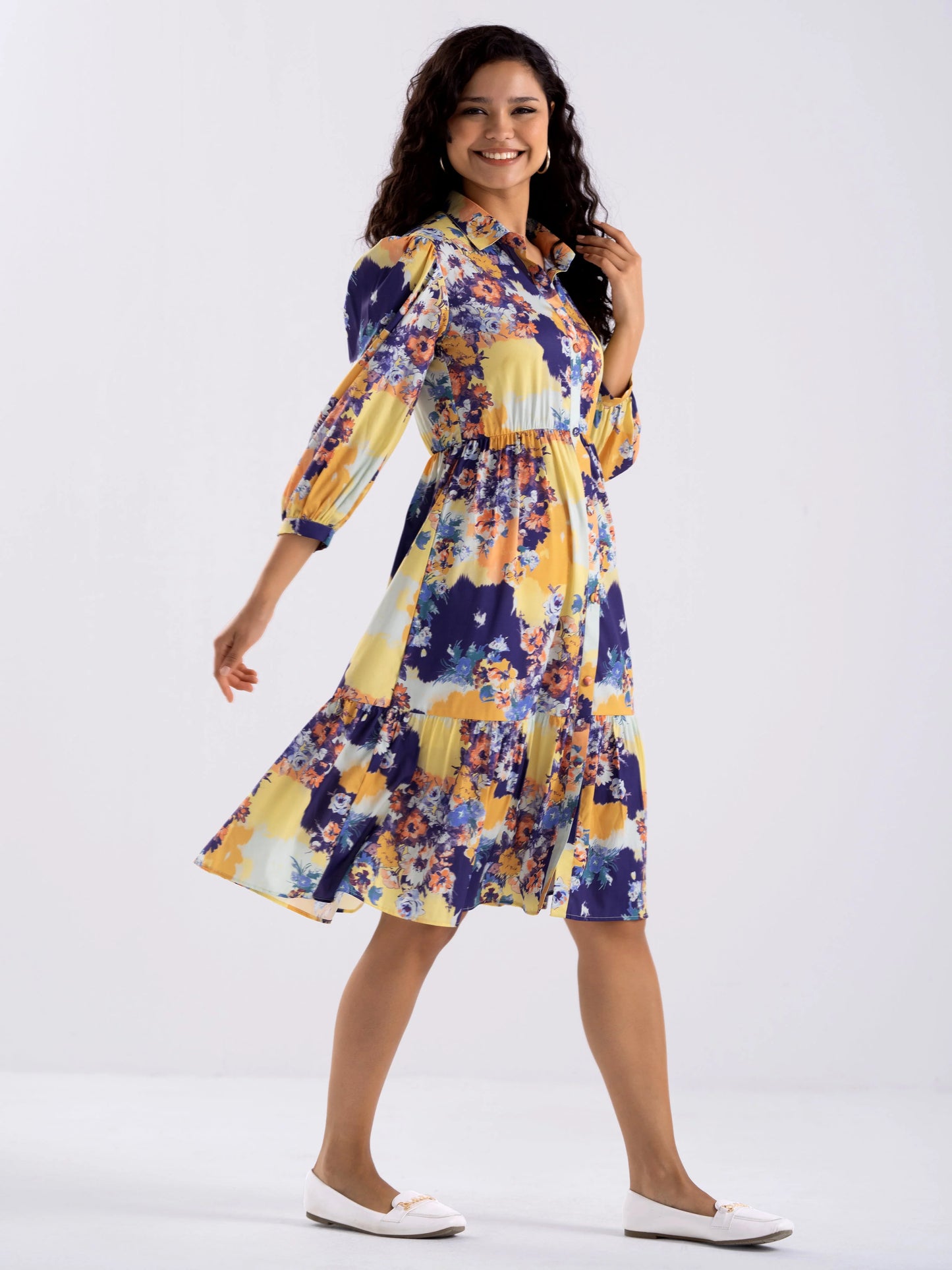 Women Diamond Creap Floral Printed Coller Neck Fit & Flare Multi Color Dresss