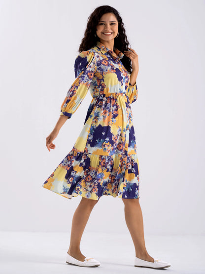 Women Diamond Creap Floral Printed Coller Neck Fit & Flare Multi Color Dresss
