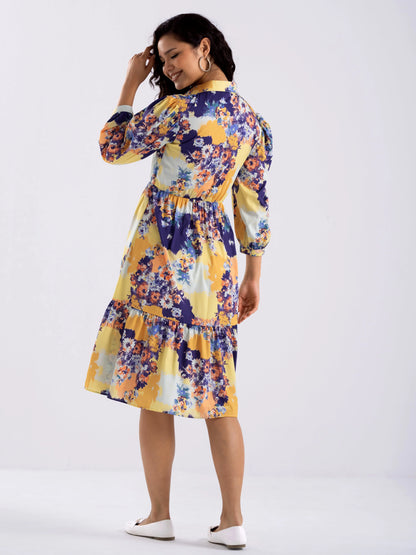 Women Diamond Creap Floral Printed Coller Neck Fit & Flare Multi Color Dresss
