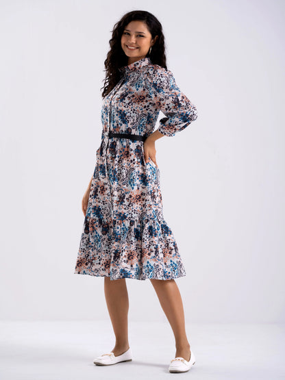 Women Diamond Creap Absract Print Coller Neck Fit & Flare Blue Color Dresss