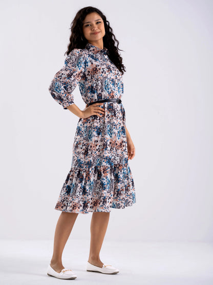 Women Diamond Creap Absract Print Coller Neck Fit & Flare Blue Color Dresss