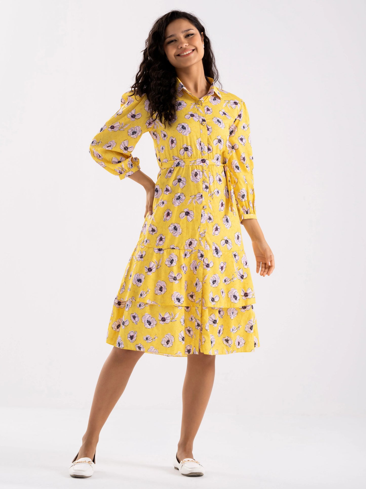 Women Diamond Creap Floral Printed Coller Neck Fit & Flare Yellow Color Dresss