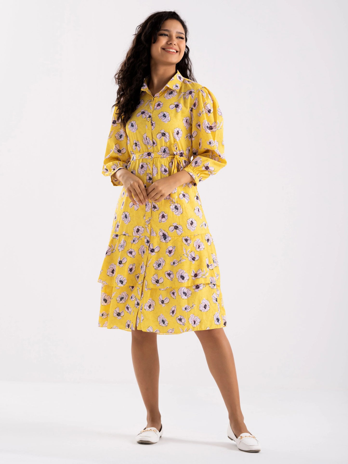 Women Diamond Creap Floral Printed Coller Neck Fit & Flare Yellow Color Dresss