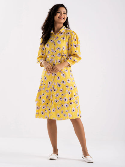 Women Diamond Creap Floral Printed Coller Neck Fit & Flare Yellow Color Dresss