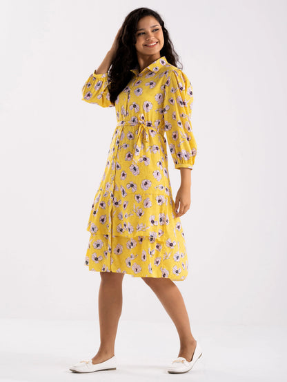Women Diamond Creap Floral Printed Coller Neck Fit & Flare Yellow Color Dresss
