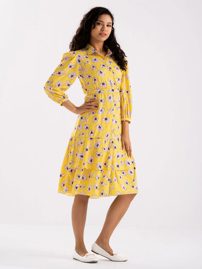 Women Diamond Creap Floral Printed Coller Neck Fit & Flare Yellow Color Dresss