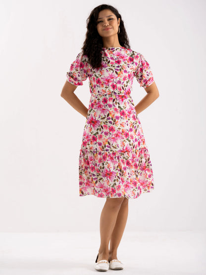 Women Diamond Creap Floral Printed High Neck Fit & Flare Dark Pink Color Dresss