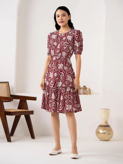Women Crushed Crepe Floral Printed Maroon Color Dress Sale price