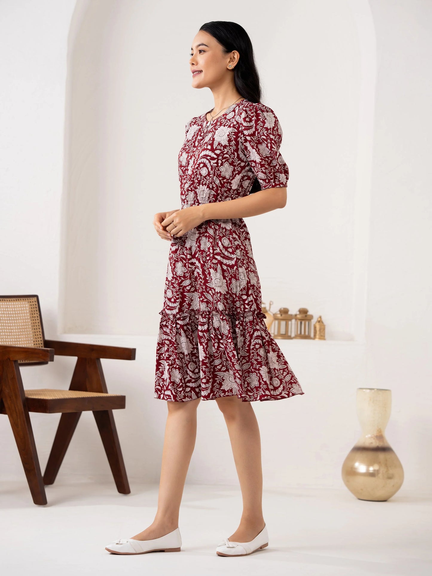 Women Crushed Crepe Floral Printed Maroon Color Dress Sale price