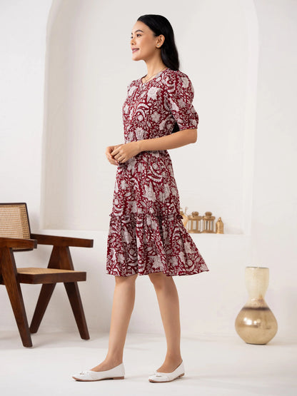 Women Crushed Crepe Floral Printed Maroon Color Dress Sale price